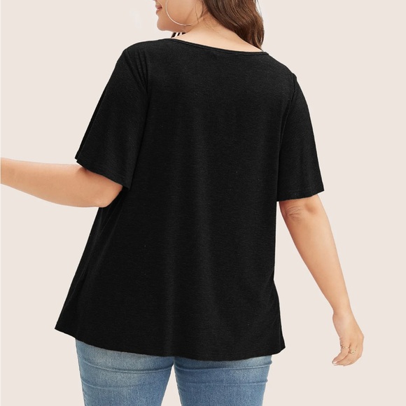 Bloomchic Plain Ruffle Sleeve Keyhole Gathered Crew Neck T-Shirt - Picture 4 of 5